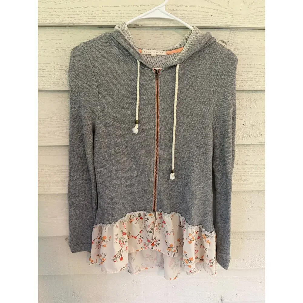 Hint of Mint Gray Floral Ruffle Hem Zip Hoodie Women’s Size Small Lightweight - Picture 2 of 8